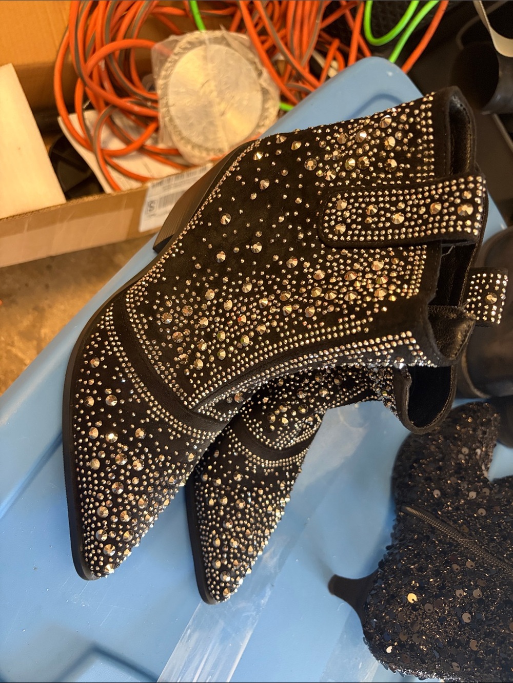 Black Crystal-Studded Suede Ankle Booties